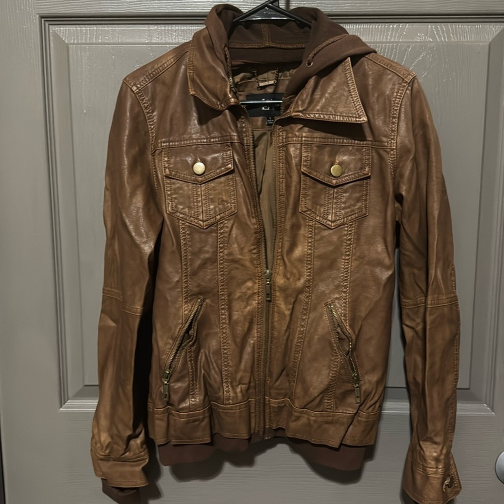 Women’s Hooded Vegan Leather Sweatshirt Jacket. Size Small. Maybe worn 1 time